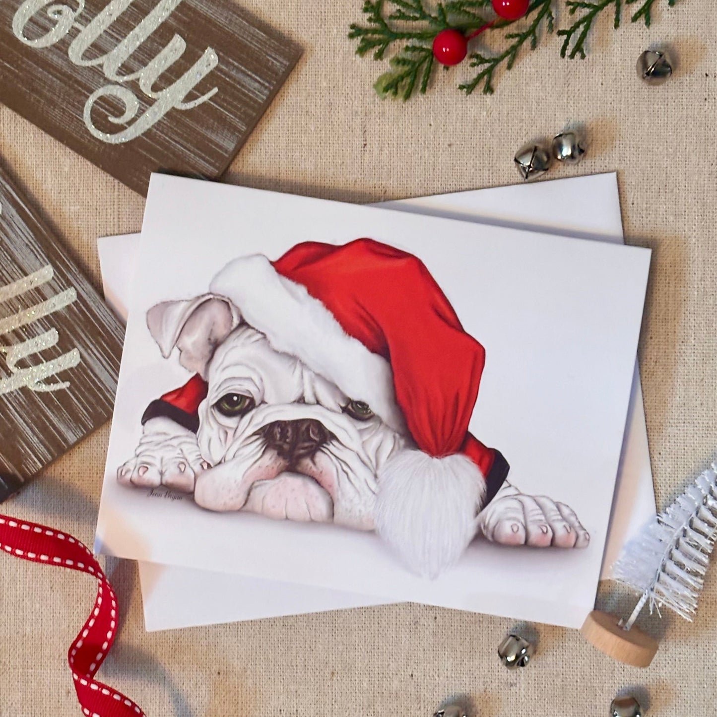 Bulldog in Santa Hat Greeting Card